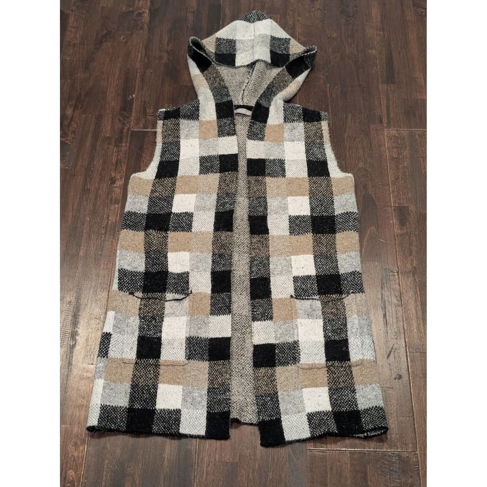 Sweater Cardigan Sleeveless Medium Tan Black Checked Hooded Open Soft Longline